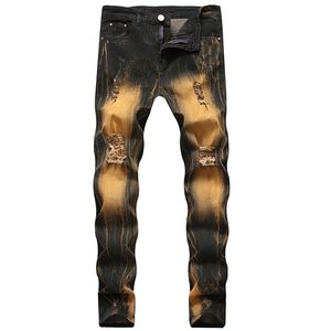 Color Contraste de Jeans masculinos Rapped Hole Stretch Skinny Pantalones para Hombre Vaqueros