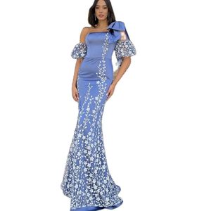 Elegante pizzo floreale sirena abiti da ballo monospalla abito da sera in raso con manica staccabile papillon cinturino Robe De Novia 326 326