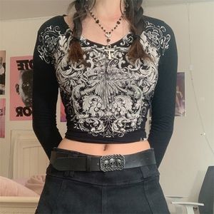 Grafik Harajuku Gestrickte T Shirts Frauen Langarm Fee Grunge Ästhetische Kleidung ONeck Top Weibliche Gerippte T-shirts 220714