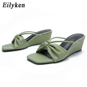 Nxy Sandalen Neue Design Grün Plissee Keile Frauen Hausschuhe Sommer Karree Damen Mule High Heels Slide Party Schuhe