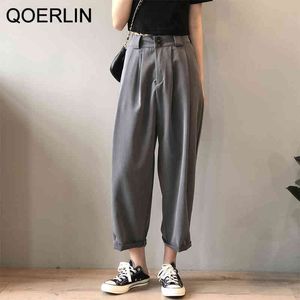 Qoerlin Drape Women Pants 캐주얼 한 솔리드 ol 스타일 정장 바지 높은 허리 느슨한 여성 바지 넓은 다리 직선 바지 발목 길이 210412