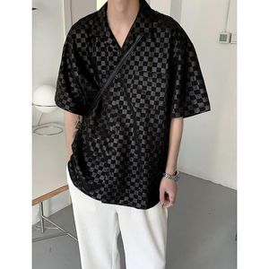Męskie koszule Summer Summer Short Sleeve Ins Modna szachownica kontrola lapelowa wersja Koreańska prosta oddychająca moda na lekki cal m