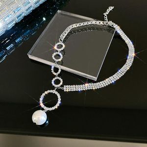 Chokers full kristallhalsband för kvinnor stor pärla rund hänge glänsande strass tillbehör party smycken gåvorskokare