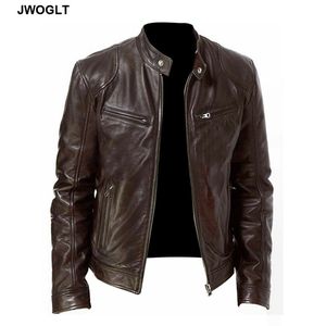 Frühling Herbst Neue Herren Motorrad Biker Lederjacken Mäntel Casual Männer Stehkragen Reißverschluss Schwarz Braun PU Lederjacke Männer 210412