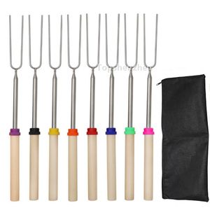 8pcs/set telescópicos marshmallow cachorro -quente assar sticks bbq ferramentas de aço inoxidável espeto de fogueira estendendo torrefador com alça de madeira portáteis sacos de transporte portáteis