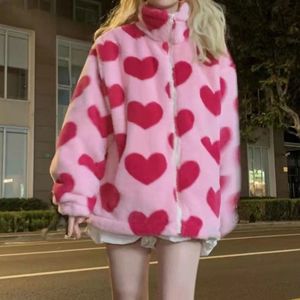 HARAJUKU Hjärttryck Plush Jacket Winter Women's Clothing 2022 Korean Överdimensionerad långärmad Y2K Zip Up Pink Coat Warm New T220716