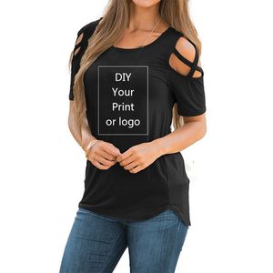 Camiseta de impressão personalizada para mulheres DIY a sua como P O ou algodão merceizado Hole casual ombro oco Hollow Up camiseta 220614