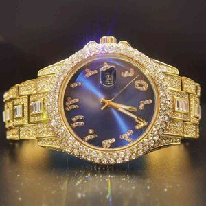 Missfox Arabic Digital Gold Man Watch Blue Dial Luxurious Diamond Quartz Watch Men Stainls Steel Hiphop Reloj de Hombre