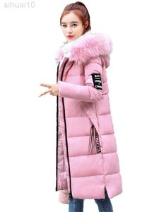 Coat Women 2022 Vinter New Fashion Korean Slim Big Fur Collar Hooded Pink Long Parkas Caramel Thick Down Cotton Jackets Feminina L220730