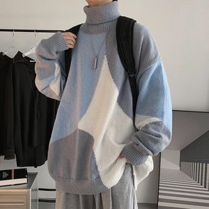 Herrtröjor vinter män turtlenecks tröja 2022 Patchwor harajuku koreansk stil hög hals överdimensionerad grå turtleneck för menmen