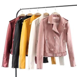 Women's Jackets Lady Leather Long Sleeve Lapel Zipper Button Motorcycle Jacket Short Coat