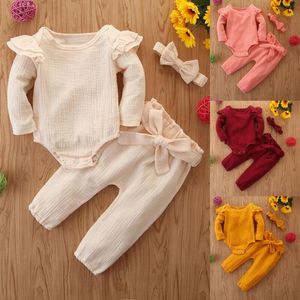 Clothing Sets Infant Baby Boy Girl Autumn Long Sleeve Ruffles Bodysuit Jumpsuit Bowknot Pants Hat Clothes Outfits Set 3PCSClothing