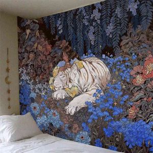 Cartoon Mädchen Tiger Tier Teppich Wandbehang Anime Boho Pflanze Blumen dekorative ästhetische Zimmer Wand Dekor Schlafzimmer Wohnheim Teppich J220804