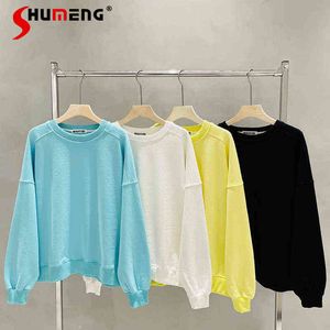 Loose Solid Color Round Neck Long-Sleeved Sweatshirt for Women 2022 Spring and Autumn New Versatile Thin Hoodie Ladies T220726