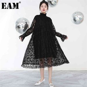 Mulheres Black Lace Temperament Big Size Longo Dress Stand Collar Manga longa Fashion Spring Autumn 1Z0470 210512
