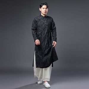 Çin geleneksel etnik giyim standı yaka bornoz siyah beyaz tang takım elbise erkekler vintage kostüm çapraz elbise erkek cheongsam
