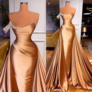 2022 Gold Chic One Shoulder Crystal Mermaid Prom Dress With Detachable Train Sexy Backless Evening Gowns BC12895