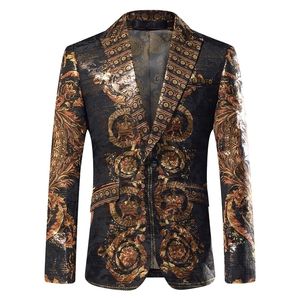 Luxury Baroque Party Wear Blazer Men Stage Costumes Slim Fit Blazer Blazer Para Hombre Placement Print Gold Yarn Men Outfit 201104