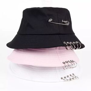 Fashion Solid Color Iron Pin Rings Personality Bucket Hat For Unisex Women Men Cotton Harajuku Panama Fishermen Caps HCS137