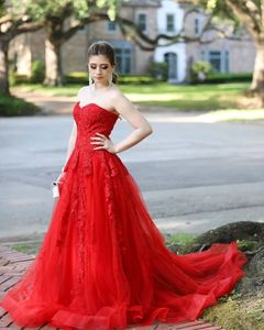 Elegant A-Line Red Lace Applicants Long Prom Dresses Sweetheart Open Back Sweep Train Formal Dress Party Gowns