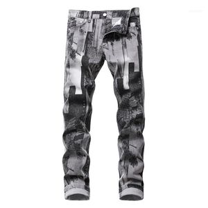 Men's Jeans Fashion Gray Pattern Printed Slim Traight Stretch Denim Pants