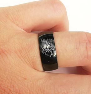 Stainless Steel 8mm Wide Mens Fashion Masonic Ring Religious Freemasonry Jewelry Black Color US Size 8-12