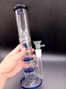 14 inch Blue Glass Water Bong Hookahs with Honeycomb Filters Tire Perc Thick Smoking Pipes