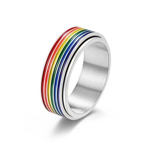 Rainbow Color Ring Stainless Steel Rotate Freely Fidget Spinning LGBT Pride Ring Accessories Jewelry