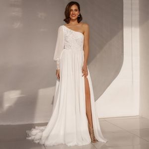 Inne suknie ślubne Urocze szyfonowe rozcięcie jedno ramię 2022 Moda Sweeo Pociąg Aplikacje koronkowe zamek błyskawiczny
