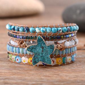 Charm Bracelets Bohemian Leather Wrap Starfish Mix Stone 5 Strands Bracelet Boho Women Jewelry DropshipCharm