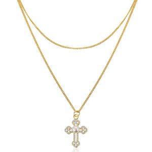 Pendant Necklaces U Double Layer Cross Necklace For Women Men Single Freshwater Pearl ChainPendant