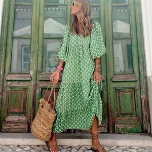 Puff Sleve Boho Maxi Elbise Zarif Kadınlar Yaz Gündelik Çiçek Çizim Vneck Gevşek Tatil Plaj Elbiseleri Parti Vestidos 220629