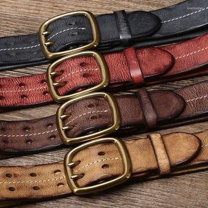 Belts Cowskin Genuine Leather Brass Copper Double Needle Pin Buckle Luxury Thick Retro Belt Men Men's Jeans Designer BeltBelts Emel22