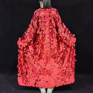 Flashing Sequins Mesh Extra Long Coat Stage Wear Women Singer Model Leading Dancer Catwalk Overcoat Cloak Music Festival Performance Clothes Bar Nightclub Costume