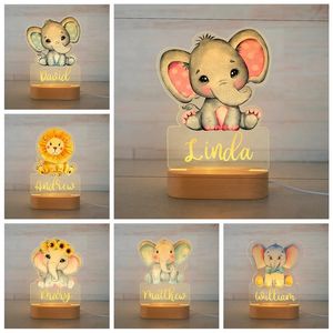 Персонализированная детская слон Лев привел USB Night Light Имя Акриловая лампа для детей Детская Детская спальня Домашняя украшение 220623