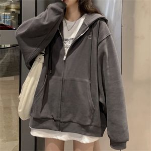 Women Korean Style Hoodies Zip-up Harajuku Oversized Solid Pocket Hooded Sweatshirts Autumn Long Sleeve Loose Baseball Jacket 220817