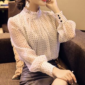 Sonbahar Polka Dot Şifon Gömlek Kadın Yüksek Boyun Gevşek Bluz Ofis Lady Ince Dip Gömlek Kadın Uzun Kollu Bluz Üstleri Styl