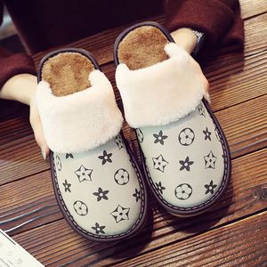 Hot Winter Home Plush Leather Slippers Lovers High Quality Personality Fashion Warm Couples Indoor Cotton Shoes Large Size 35-44