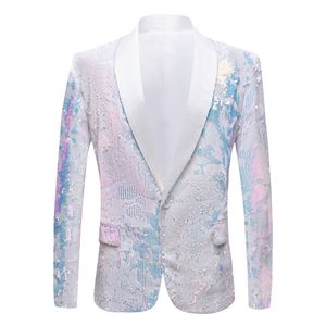 Men Pure White Velvet Fantasy Color Sequins Blazers Night Club Singers Wedding Groom Prom Tuxedo Slim Fit Suit Jacket Blazer 220514