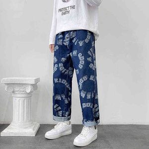 Mode Män Jeans med vida ben Bokstavstryck Streetwear Hiphop Rak Baggy Denim trend Byxor Herrmärke Byxor 2022 Höstnyhet G0104