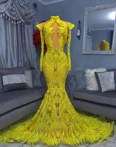 Um PCS ver através de sereia vestidos de noite de alto pescoço frisado manga comprida amarelo lantejoula africano meninas negras longas vestido de baile de vestido paillettes