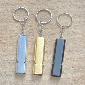 Aluminiumlegering Whistle Mini Keyring Keychain Kvinnor Män utomhus Emergency Alarm Survival Sport Camping Hunting Metal Double-tube Whistles Key