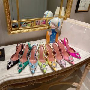 Amina Muaddi Womens Sandals Leather Sole Designer High Heels cm Black Pink Diamond Chain Decoration Banket Women Shoes Silk Wedding Sexiga tofflor med låda