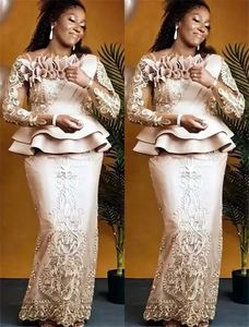 2022 Plus Size Arabisch Aso Ebi Champagner Spitze Sexy Mutter der Braut Kleider Lange Ärmel Mantel Vintage Prom Abend Formale Party Kleider Kleid