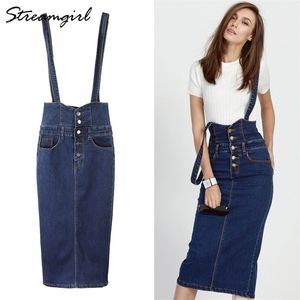 Streamgirl long denim kjol med remmar kvinnor knappar jeans kjolar plus storlek lång hög midja blyerts kjol denim kjolar kvinnor 210306