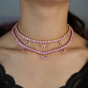 Rose Różowy Pinky Heart Arrow CZ Łańcuch Motyl Naszyjnik Iced Out Bling Hiphop Luxury Moda Choker Kobiety Biżuteria