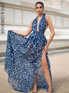 LOVE&LEMONADE Sexy Blue V-Neck Open Back Cut Out Leopard Chiffon Summer Long Dress LM81049 220507