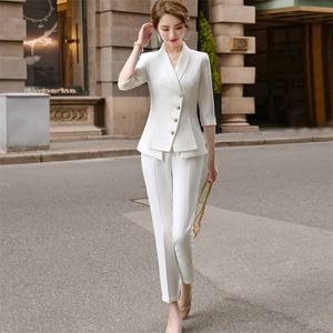 Yüksek kaliteli gündelik kadın takım elbise pantolon iki parça yeni yaz zarif bayanlar beyaz blazer ceket iş kıyafetleri T200818