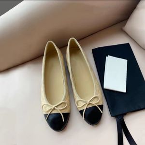 Ballet Flats Classic Designer shoes chaneles Women wedding dress 100% Leather Tweed Cloth Two Color Splice Bow Round Fashion summer party Womens sandals