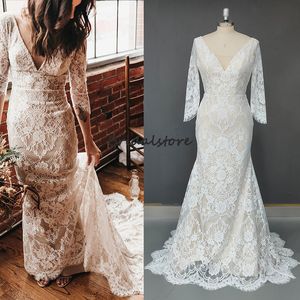 2022 Abito da sposa Boho in pizzo a maniche lunghe Elegante Abiti da sposa a sirena taglie forti Sexy Backless Lunghezza pavimento Scollo a V Abiti da sposa per la seconda festa di accoglienza degli ospiti